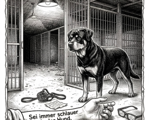 Illustration Tierheimmomente: Hund im Tierheim mit dem Spruch 'Sei immer schlauer als der Hund'